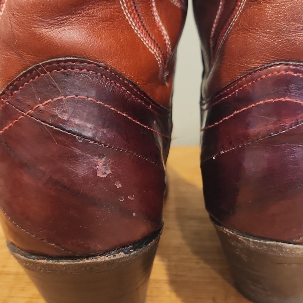 DAN Post Exotic Eel and Cowhide Cognac Boots Style 4219 Wm 5C Almond toe Vtg - Picture 14 of 16